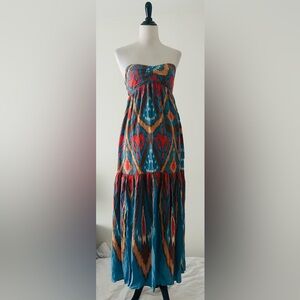 Free People M Strapless coral blue tan Maxi Dress with Mojave boho design
